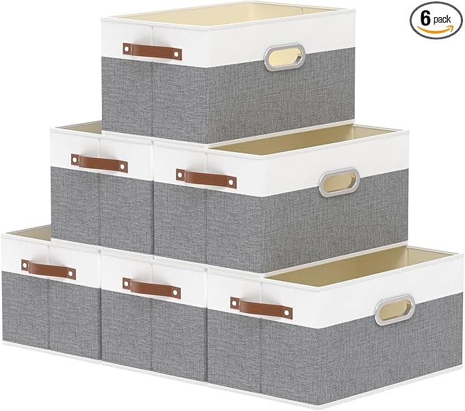 Yawinhe Collapsible Fabric Storage Bins,15.0x9.8x8.3in,White/Grey,6-Pack | Foldable Storage Baskets for Shelves, Closet Boxes for Organization, Washable Closet Organizer for Towels, Canvas Bins