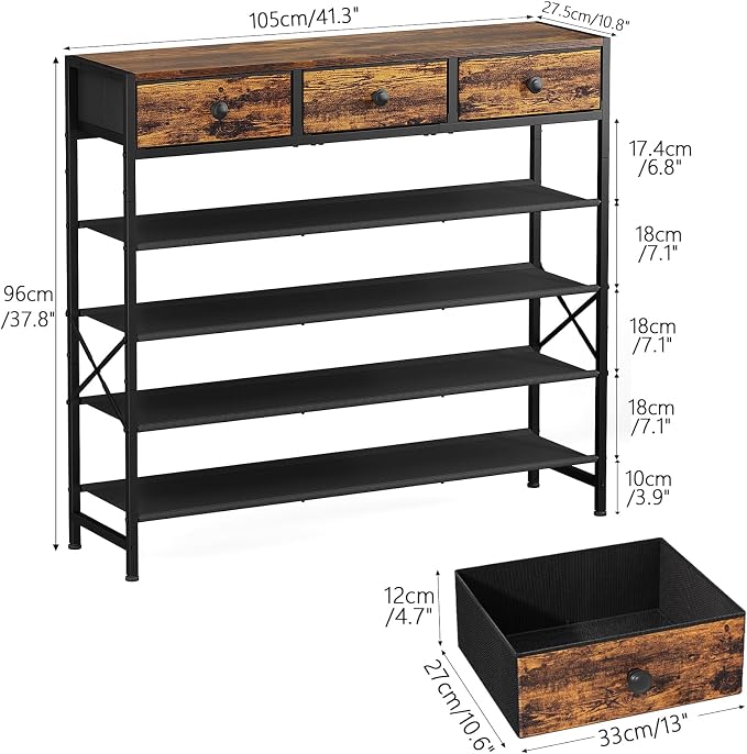 Shoe Rack, 5 Tier Shoe Organizer with 3 Drawers, Metal Shoe Storage for 24-30 Pairs of Shoes with Fabric Shelves and Wooden Top, Narrow Shoe Shelf for Closet Entryway Rustic Brown