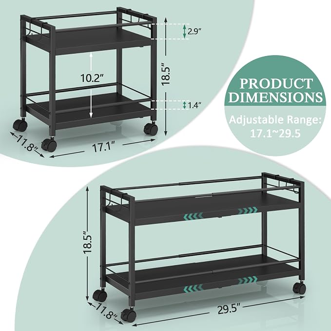 2-Tier Expandable Rolling Pantry Cart with Wheels, Adjustable Floor Organizer for Kitchen Pantry, Can Organizer for Pantry, Storage Cart for Snack, Food, Vegetables, Black, Patent Pending