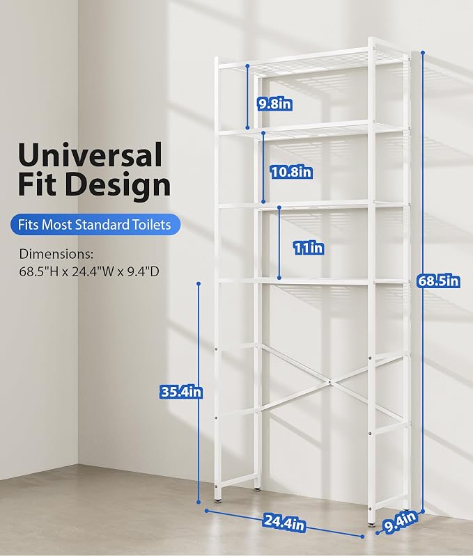 4-Tier Over The Toilet Storage Rack, Bathroom Organizer with One-Piece Metal Mesh Shelves, Over Toilet Shelf with Adjustable Feet & Anti-Tip Kit, Space-Saving Bathroom Storage, White
