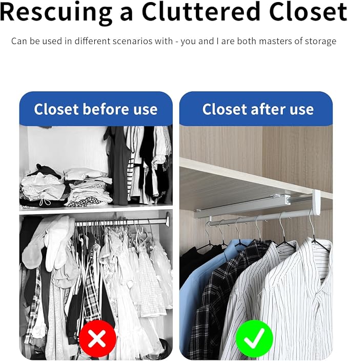 BaiNong Pull Out Closet Rod - White, 21-1/4 Inch, Telescopic Trouser Rack for Shallow Cabinet, Organize Pants & Clothes