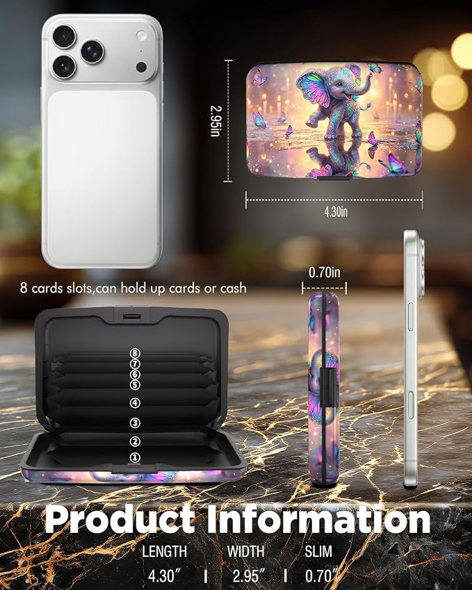 Maicican RFID Blocking Aluminum Credit Card Holder | Slim Metal Wallet for Women & Men, Business Card Case for Travel, Fits Front Pocket, Card holder wallet - Colorful Elephant