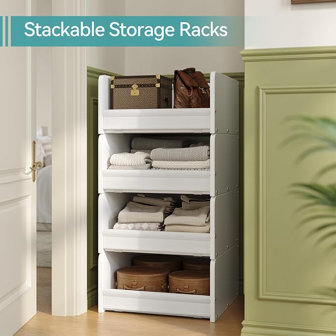 FOUCSSOMEI Closet Organizer and Storage, 4 Tier Stackable Storage Organizer, Wooden & Metal Closet Shelves, Modular Clothes Organizer, Storage Shelf, Bedroom & Closet Organization, Patent Design