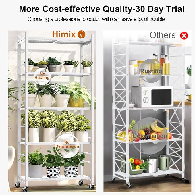 Himix Storage Shelves with 20 Hooks, 5-Tier Foldable Shelves for Storage, Collapsible Organization Rack Bookshelf 440 Ibs for Kitchen Garage Home Room, White - No Assembly
