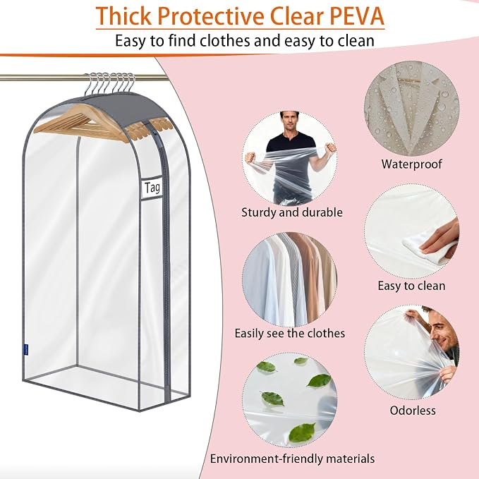 Clear Garment Bags for Hanging Clothes 10" Side Gusset, Suit Bags for Closet Storage, Suit Cover for Shirts Coats Dresses (24"X42"X10" 4Pack)