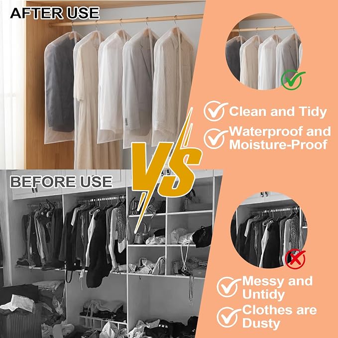 6 Tier Shelf Hanging Closet Organizer, Closet Hanging Shelf with 2 Sturdy Hooks,1 Sock Bag and 5 White Garment Bags, for Clothes, Shoes, Hats, Dorms and RVs, Foldable (Grey)