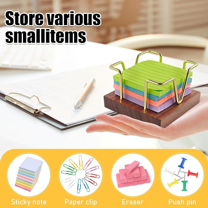 MultiBey Walnut Sticky Note Holder for Desk - Wood & Gold Wire Rack | Self-Stick Note Pad Holder & Metal Wire Notepad Dispenser. Stylish Desktop Post-It Organizer for Office Supplies