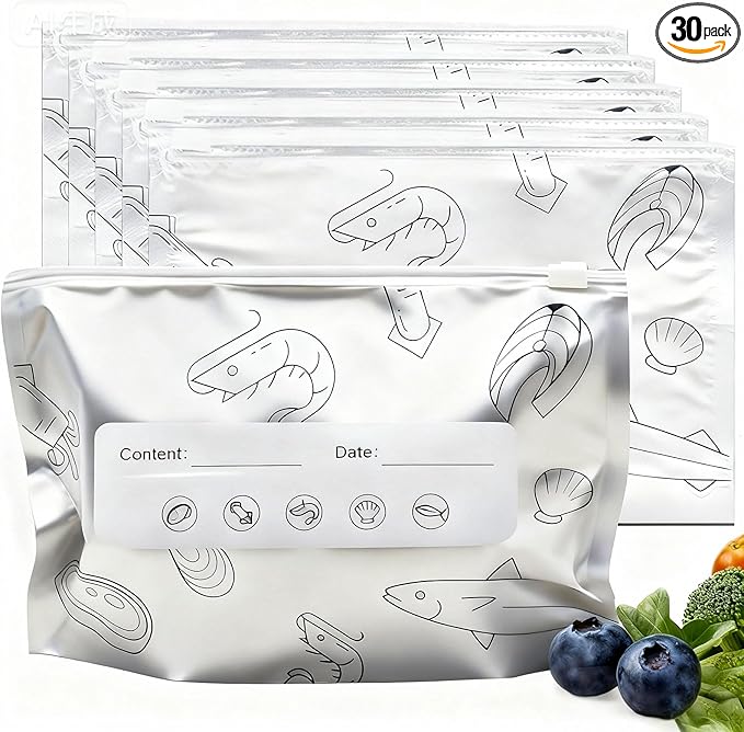 Aluminum Foil Food Storage Bags, Reusable Freezer Bags for Refrigerator, Stand Up Airtight Vacuum Sealer Bags, Heavy Duty Smell Proof Lock Freshness, Perfect for Meat, Vegetables (30, Small)