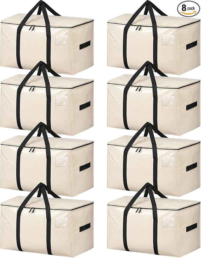 BAGAIL Heavy Duty Moving Bags with Strong Handle, Extra Large Moving Boxes, Storage Tote for Clothes, College Moving Supplies(Beige, 8 Pack)