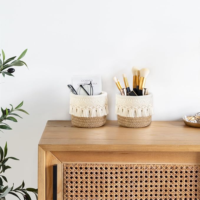 Mkono Macrame Makeup Brush Holder, Boho Mini Storage Basket Set of 2 | X-Small 3.9"W x 3.9"H, Yellow and White, Comb Pens Tiny Succulents Holder, Bedroom Vanity Living Room Bathroom Dorm Office