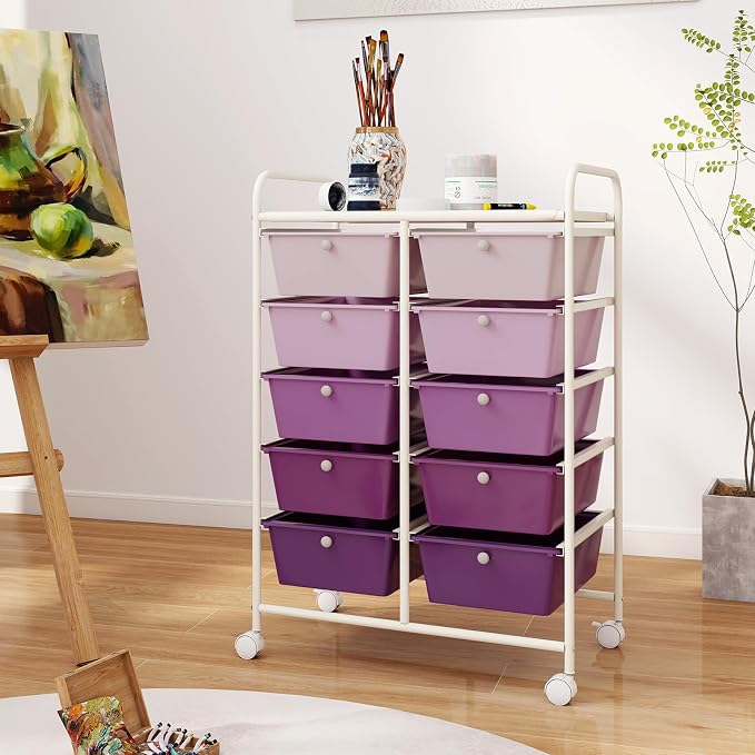 Moccha 10-Drawer Rolling Storage Cart - Under Desk Storage Drawers with wheels for Craft Art Supply Paper Salon, Scrapbook Paper Tools, Mobile Utility Cart for Classroom, Gradient Purple