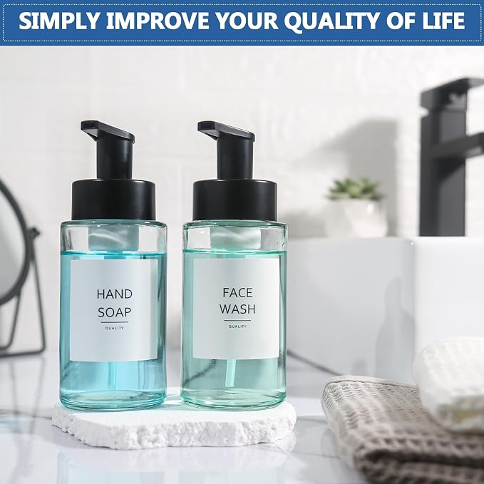 RYTOXILO Foaming Soap Dispenser, 10 oz/300ml Foaming Hand Soap Dispenser, 3 Pack Glass Foaming Soap Dispenser for Bathroom & Kitchen, Clear Refillable Foam Soap Dispenser Bottle with Waterproof Labels