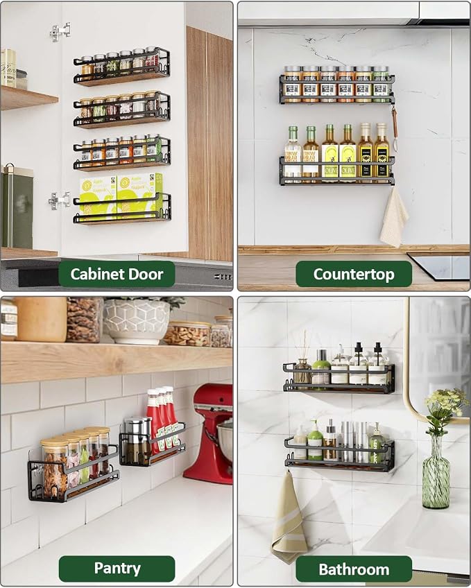Doakhirmit Wall Mounted Spice Rack,Wooden Spice Holder Black,2 Pack | 8 Hooks,Screw or Adhesive Installation , Hanging Organizer for Stove Cabinet Pantry Door Kitchen and RV Use