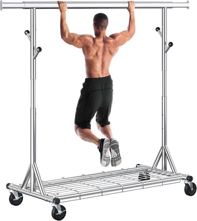 Gewudraw Clothes Rack Heavy Duty 630 LBS Capacity-Rolling Clothing Rack | Clothing Rack with Wheels,Shelf, Collapsible/Adjustable Height/Extendable, Portable Garment Rack For Wardrobe, Bedroom,Chrome