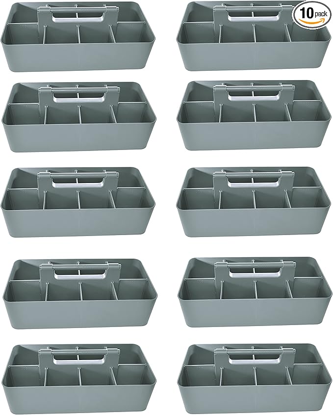 -Bulk Large Portable Caddy DIY Dividers, 8 Compartments, School Office,Portable Basket with Handle Storage Organizer Modern Made in USA (10 PACK, Orion Gray)