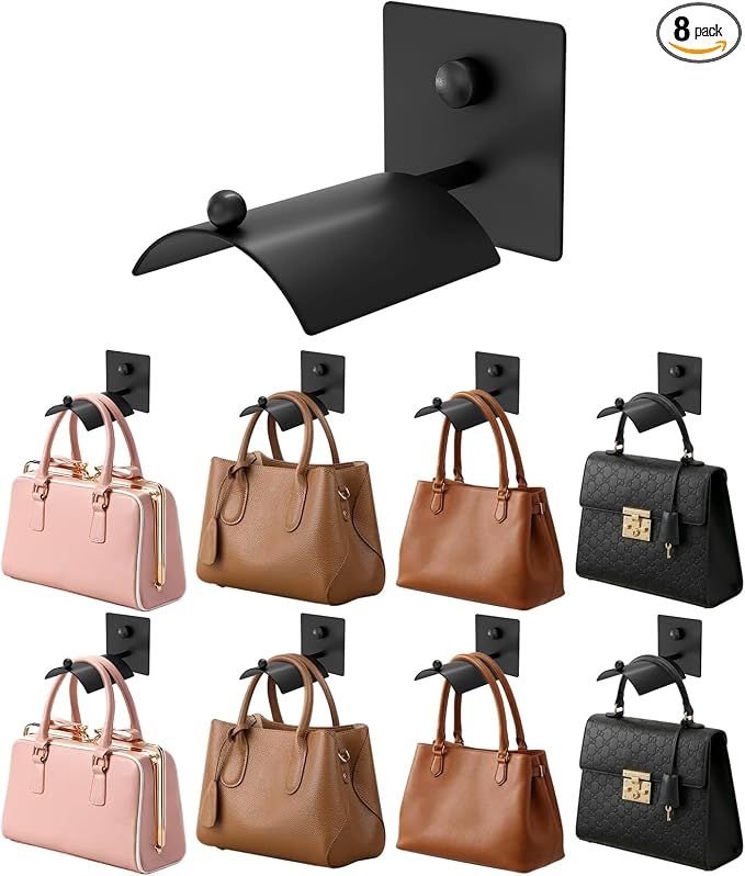Wall Mounted Purse Organizer for Closet – Arc Handbag Holder Protects Handles & Saves Space, Adhesive or Screw Mount, Purse Hanger for Bedroom, Entryway, Office & Closet Storage (Black)