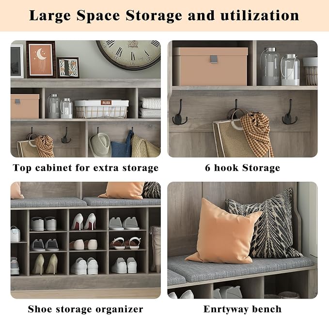 Wodeer Hall Tree with Bench and Shoe Storage, 53" Farmhouse 4-in-1 Mudroom Storage Organizer with Coat Rack, 6 Hooks, 12 Shoe Cubbies, Adjustable Shelf, for Entryway, Hallway, Living Room, Grey