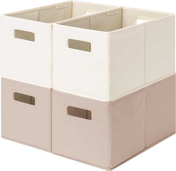 StorageWorks Fabric Storage Bins for Shelves, Closet Organizers and Storage Baskets, Collapsible Storage Bins with Cutout Handles, Medium, 4-Pack, Ivory and Light Brown