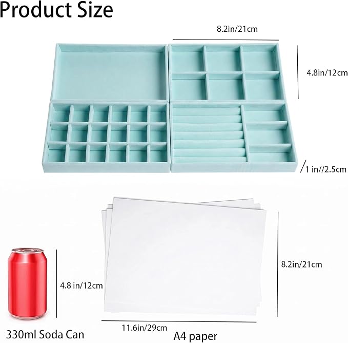 Stackable Jewelry Organizer Trays for Drawer, Set of 4 Velvet Jewelry Drawer Inserts in Dresser, 8in Storage Display Case for Rings Stud Necklaces Accessories(Blue)