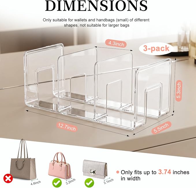 Clear Acrylic Purse Organizer for Closet, 9-Slot Handbag Organizer, No Assembly, for Shelf Divider Handbags, Clothes, Sweater