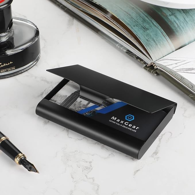 MaxGear Aluminum Business Card Holder Black | Slim Portable Metal Business Card Case Wallet Name Cards Holder, Lightweight Professional Card Holder for 22-30 Cards