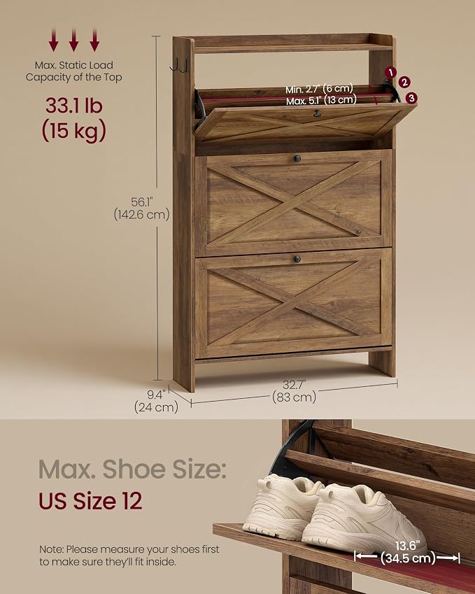 VASAGLE Shoe Storage Cabinet Organizer with 3 Flip Drawers, Freestanding Narrow Shoe Rack Cabinet for Entryway, Farmhouse Style, Fits 14 to 16 Pairs, Rustic Brown UHSC303KB01