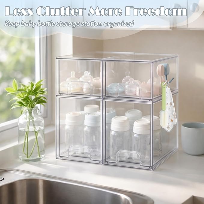 Baby Bottle Organizer with Hooks - 4 Pack Stackable Storage Drawer | Baby Bottle Organizers and Storage, Clear Acrylic Multipurpose Bottle Storage for Countertop