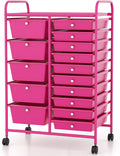 COSTWAY 15 Drawer Rolling Storage Cart, Mobile Storage Organizer | Removable Drawers & Metal Frame, Multipurpose Utility Tools Paper Organizer on Wheels for Home, Office (Hot Pink)