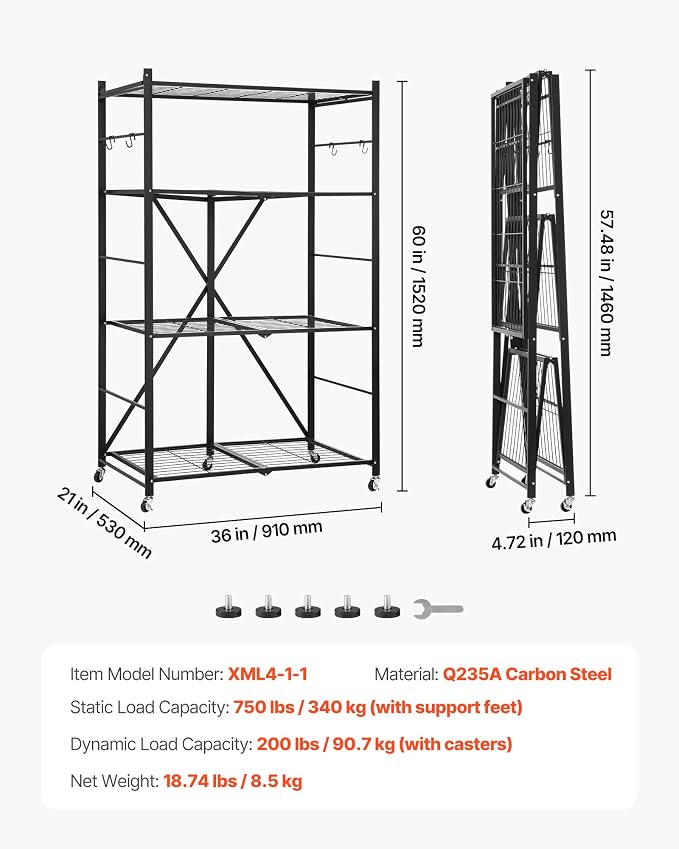 VEVOR 4-Tier Foldable Storage Shelf, 36W x 21D x 60H Inch Folding Metal Rack Shelving Unit, No Assembly Organizer Shelf with 5 Wheels & 4 Hooks for Pantry, Kitchen, Garage, Basement, Black