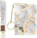 Aiawoxc Credit Card Holder, Small RFID Wallet Slim Leather Card Organizer Case with Zipper and Wristlet Strap, Grey Marble