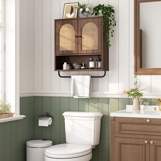 RUSTOWN Rattan Bathroom Wall Cabinet, Boho Medicine Cabinet with 2 Arched Doors, Farmhouse Over the Toilet Storage Cabinets with Adjustable Shelves & Towel Bar, 3-Tier Wall Mounted Cabinets