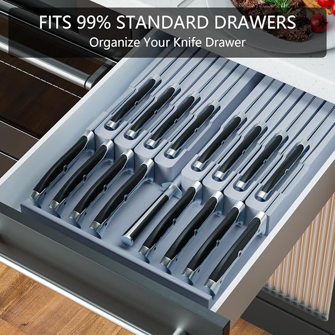 Domax Bamboo In-drawer Knife Block - Kitchen Knife Drawer Organizer Insert, Knife Holder without Knives Large, Drawer Knife Organizer Fits for 16 knives and 1 Sharpening Steel (Not Included), Gray