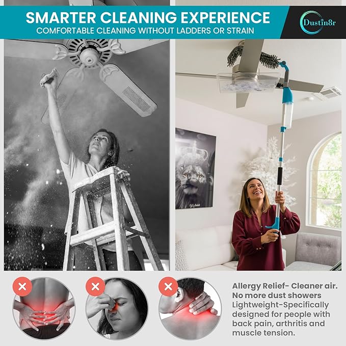 Patented 4-in-1 Ceiling Fan Cleaner Duster. Spray Mop. Wall Cleaner with Sprayer. Duster. Dust Trapping System| Storage Bag & Hook. Lightweight. Reusable. Microfiber