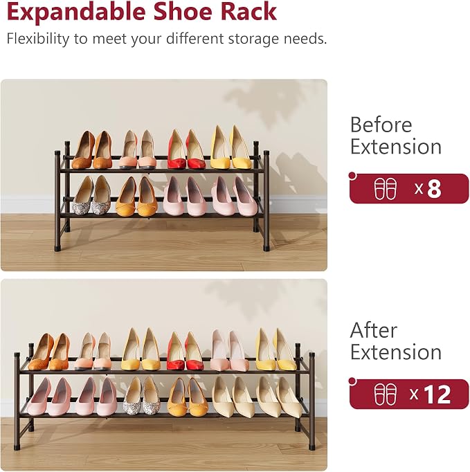 Tajsoon Expandable Shoe Rack for Closet 2 Tier, 28“-41“Stackable, Bronze | Adjustable Shoe Organizer Closet Shoe Rack Floor, Metal Small Shoe Shelf Storage for Entryway, Garage, Front Door Entrance