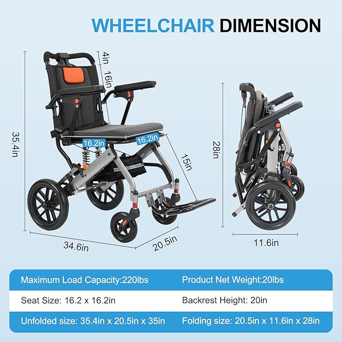 20 LBS Transport Wheelchair Lightweight Foldable,Wheelchairs for Adults, 1s Quick Folding, Quadruple Shock Absorption,Portable Wheelchair for Travel, Hospital & Home Use (Orange)