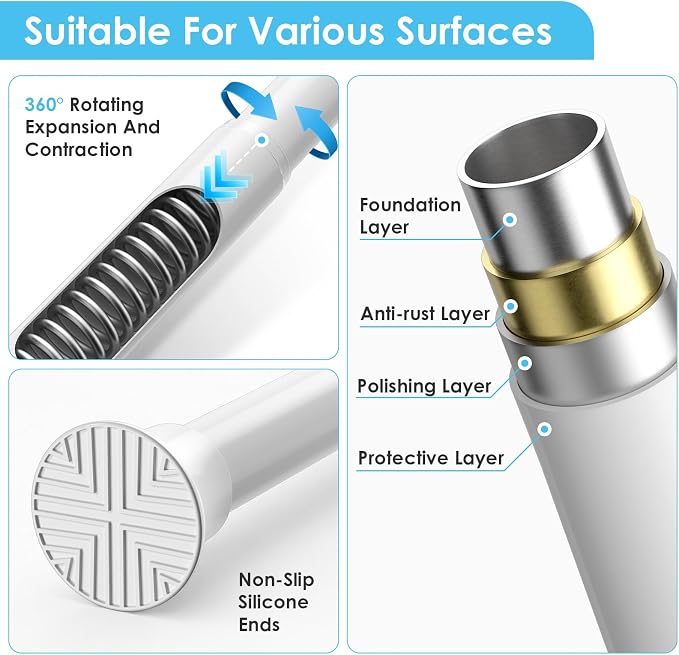 1Pcs Tension Curtain Rod 31 To 63 Inch White Shower Curtain Rod No Drilling Adjustable Spring Loaded Curtain Rods 7/8"Diameter Shower Rods For Bathroom Windows Bedroom Closet Doorway Door
