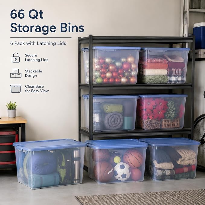 66 Quart Clear Plastic Storage Container with Latch Lid, Blue, 6 Pack | Clear Base & Lid, Secure Blue Latches, Recessed Stacking, 66Qt Capacity, BPA-Free Plastic