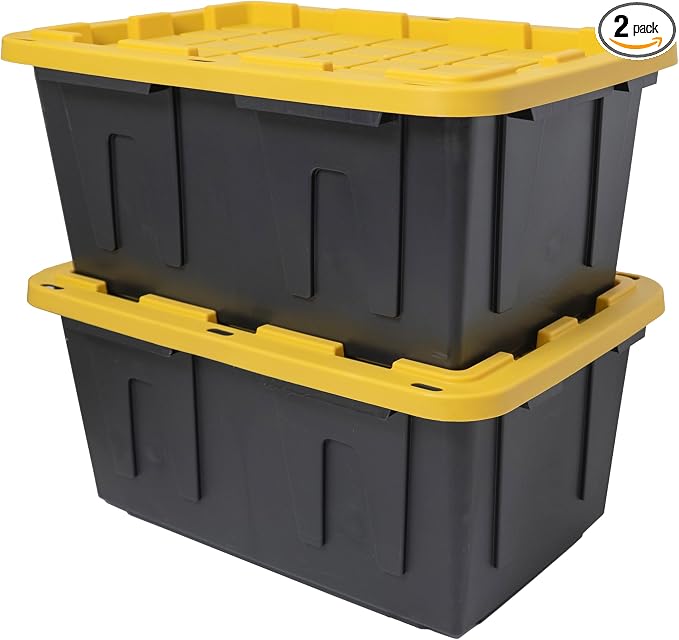 CX BLACK & YELLOW 27-Gallon Heavy Duty Stackable Storage Bins with Lids, Dorm Room Essentials, Dorm Storage, Moving Boxes, Back to School, Classroom Organization, Home Organization, 2 Pack (14.3H x 20.6W x 30.6D)