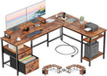 Furologee 66” L Shaped Desk with Power Outlet, Reversible Home Office Desk with File Drawer, 2 Monitor Stands, Storage Shelves, Corner Computer Table for Gaming, Writing, Rustic Brown