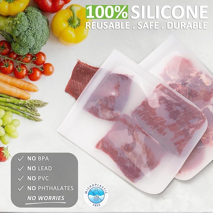 100% Silicone Flat Gallon Freezer Bags, 4 Pack Extra Large Reusable Silicone Ziplock Bags Gallon Size for Freezer, Double Zipper Seal, BPA & Microplastic Free, Freezer Microwave Sous Vide Safe, Clear
