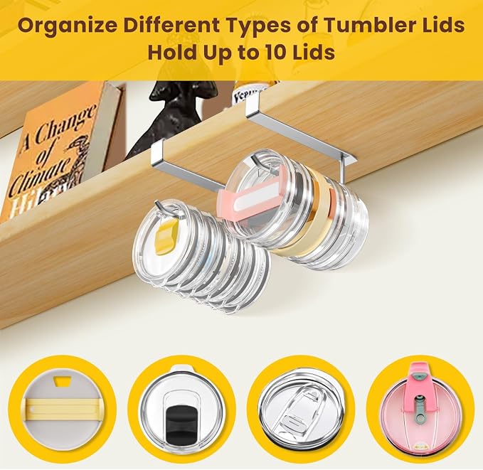 2 Pack Tumbler Lid Organizer, Under Cabinet Cup Lid Holder for Yeti Insulated Mug/Stanley Insulated Mug/Simple Modern Insulated Mug Lid, No Gluing, No Drilling, Up to 10 Lids (Stainless Steel)