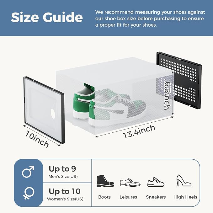 DUMOS Shoe Storage Boxes, 15 Pack Stackable Clear Shoe Containers with Lids, Display Sneaker Case Organizer for Closet, Under Bed, Entryway,Black, Fit Size 11
