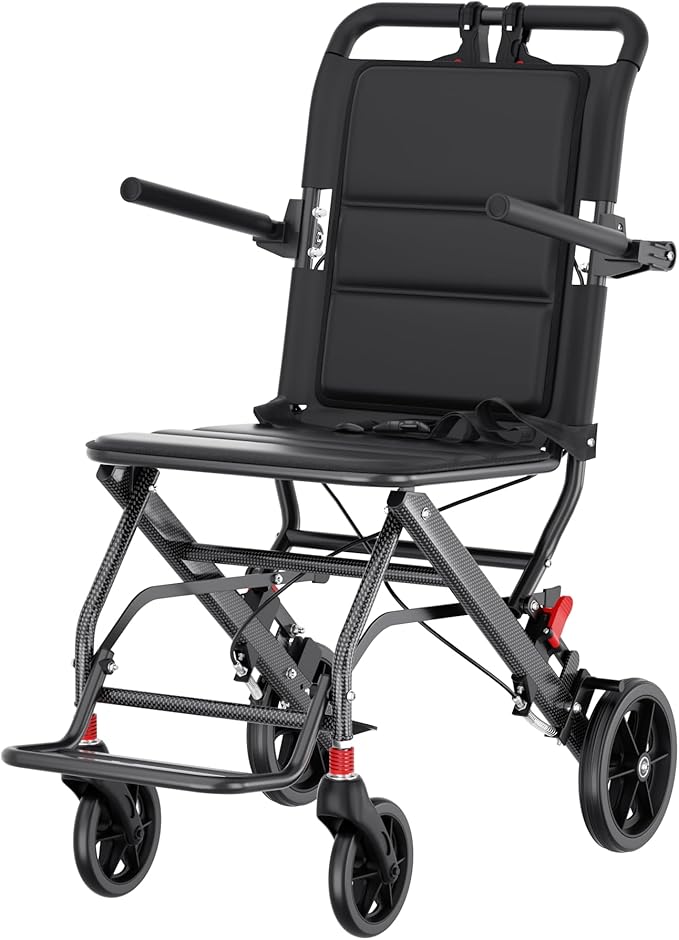(Only 15lbs) Portable Wheelchair Lightweight Foldable, with Telescopic Handle & Storage Bag & Hand Brake, Transport Travel Wheelchair for Adults