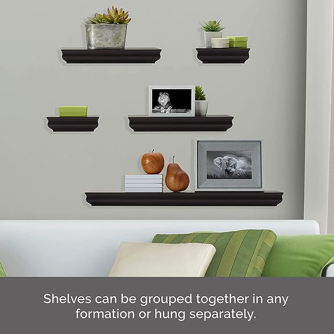 MELANNCO Floating Molding Shelves for Bedroom, Living Room, Bathroom, Kitchen, Nursery, Set of 5, Espresso