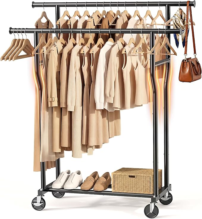 Clothes Rack, Double Rods Rolling Clothing Rack for Hanging Clothes Load 260 LBS Closet Rack with Wheels, Metal Portable Garment Rack for Bedroom Laundry Living Room, Black