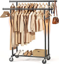Clothes Rack, Double Rods Rolling Clothing Rack for Hanging Clothes Load 260 LBS Closet Rack with Wheels, Metal Portable Garment Rack for Bedroom Laundry Living Room, Black