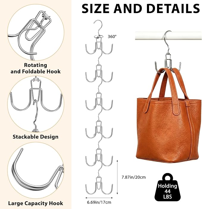 6 Pcs Heavy Duty Purse Organizer for Closet, Stackable Purse Hangers Closet Space Saving with 12 Hanging Metal Purses Hooks Rotatable Handbag Organizer Storage Bag Holder for Backpack Tote Bag