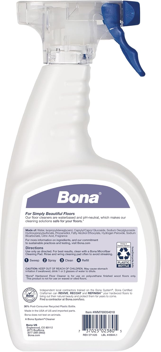 Bona Hardwood Floor Cleaner Spray - 32 fl oz - Lavender Thyme Scent - Refillable - Residue-Free Floor Cleaning Solution for Wood Floors