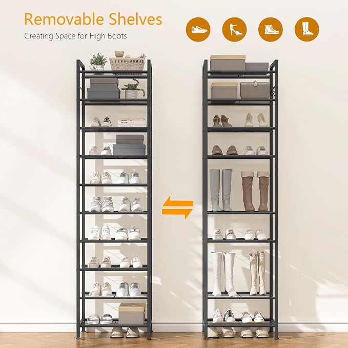 usikey 10 Tiers Narrow Shoe Rack 20-30 Pairs, Sturdy Metal Tall Shoe Rack Shelf with 4 Hooks, Slim Shoe Storage with Metal Shelf, Space Saving Vertical Shoe Organizer for Closet Entryway, Black