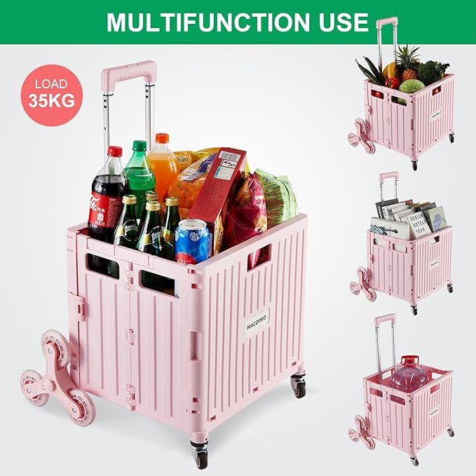 MACOPRO Foldable Utility Cart with Stair Climbing Wheels, Collapsible Rolling Crate with Telescoping Handle, Folding Shopping Trolley Handcart Grocery Book File Tool Teacher Storage Basket (Pink)